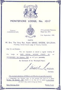 A Summons of Montefiore Lodge for 1949 listing Sir Israel Brodie as the Master