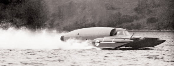 Sir Donald Campbell races at 250km per hour in his Bluebird on Lake Ullswater
