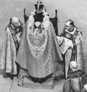 The Archbishop at the moment he crowns Elizabeth II at her coronation on 2 June 1953