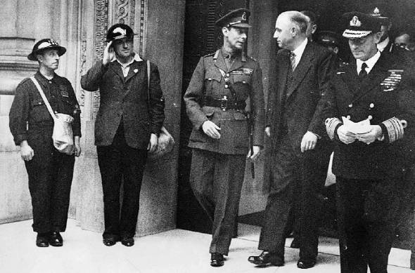 The King visiting Freemasons Hall after a wartime visit with Admiral Evans of the Broke