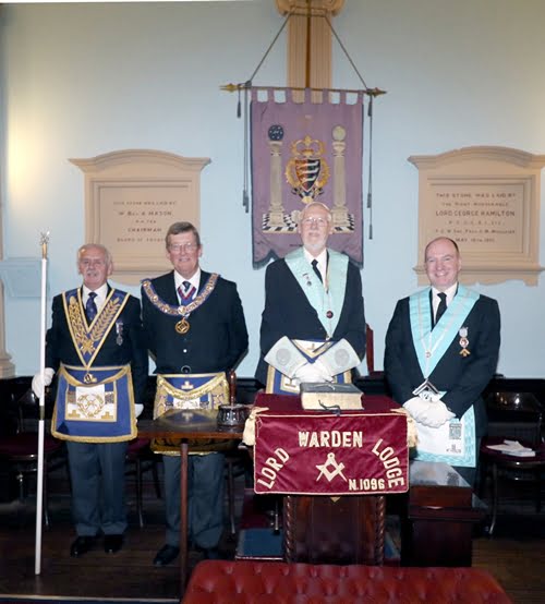 The Provincial Director of Ceremonies Neil Johnstone The Provincial Grand Master Geoffrey Dearing, The Worshipful Master Ray Horton, The Immediate Past Master Paul Gear 