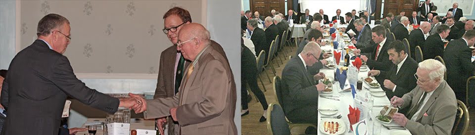 Pictured left: Colin Jenkins (left) being presented with a donation by Alan Sainter, watched by his son Alister, from his Regalia Agency. Pictured right: some of the 96 brethren and companions who attended the dinner.