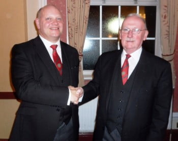 The Worshipful Master, WBro Tony Davies APGM with the PGM, RWBro Alexander Sillars McLaren