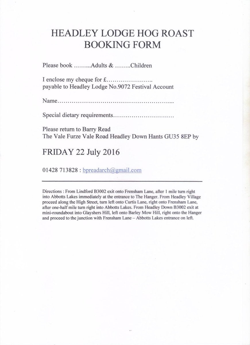 Headley Lodge No. 9072 invite you to their annual Garden Party & Hog Roast