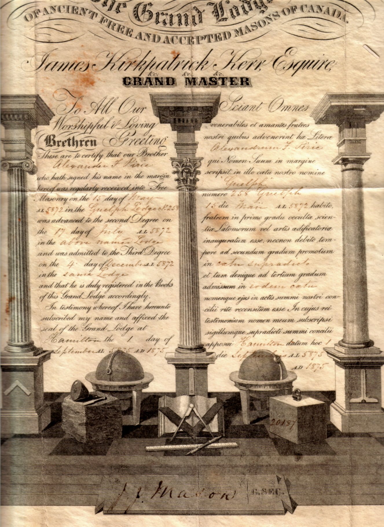 PIRIE A F 1875 Masonic Certificate