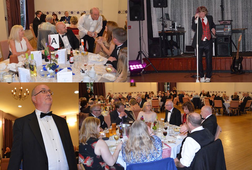 Pictured top left: Magician ‘Budgie’ mesmerises the guests with his magic card tricks. Top right: ‘Rock Stewart’ in action. Bottom left: Director of ceremonies Bill Walker overseeing the event. Bottom right: Guests enjoying the meal.