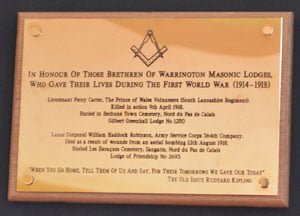 Commemorative plaque in Warrington Masonic Hall.