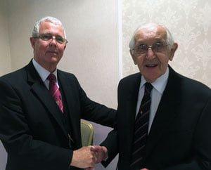 Geoffrey Porter congratulates Stanley Littler Brown on his golden anniversary. Geoffrey Porter congratulates Stanley Littler Brown on his golden anniversary.