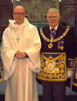 Honoured guest Right Reverend Paul Bayes, Bishop of Liverpool (left) and Provincial Grand Master Tony Harrison. 