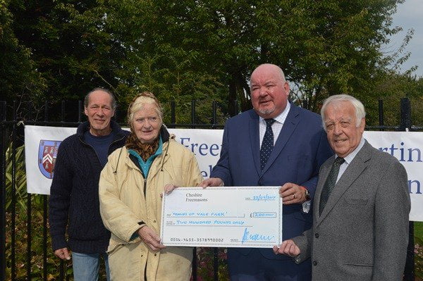 Pic of WBro G Lloyd (Area 1 Almoner) &amp; WBro Dave Brand (St Hilary Lodge No 3591 Almoner) presenting the cheque to Lesley (Rusty) Keane &amp; Mike Chapman of ‘Friends of Vale Park’