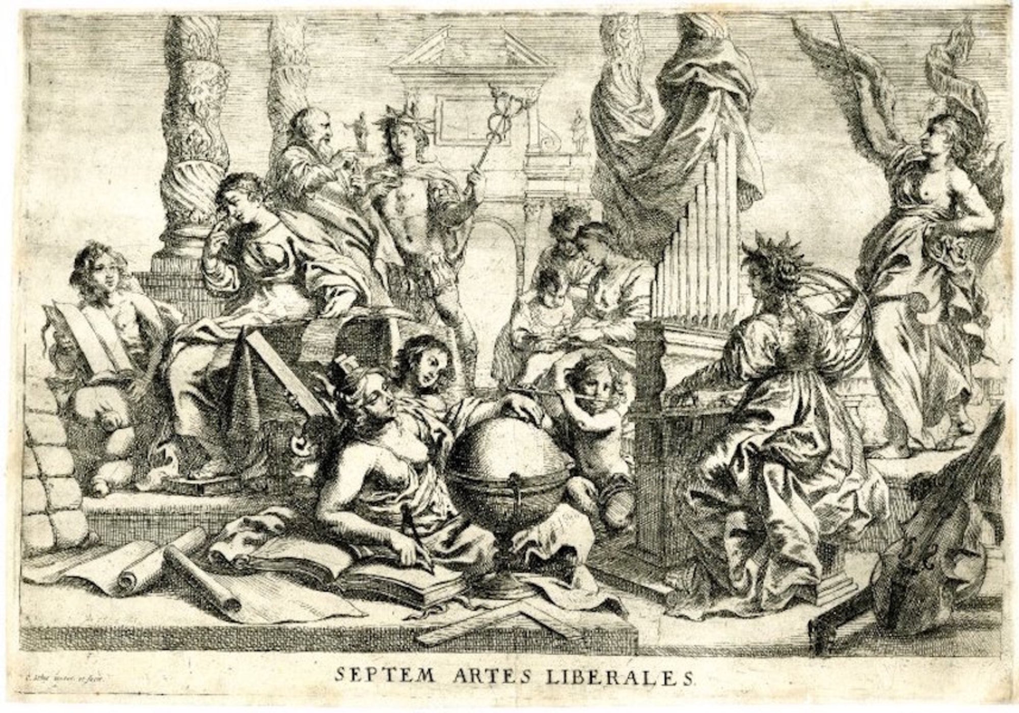 pic of Allegorical scene on the seven Liberal Arts. Musica at right, Astrologia at far right, Geometria in central foreground, Grammatica and Rhetorica at left; frontispiece to a series of seven plates showing the Liberal Arts Etching. Print made by: Cornelis Schut Date 1635-1645