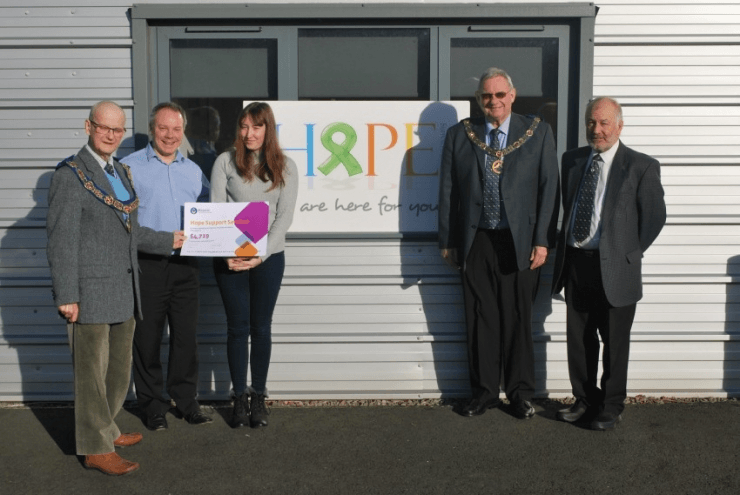 (l to r): Rev David Bowen, Herefordshire’s Provincial Grand Master, presents a certificate confirming the donation to Michael Sharp, CEO of Hope Support Services, and Lorna Russell, Operations Manager, alongside Michael Holland, Deputy PGM, and Nick Swan, Provincial Charity Steward