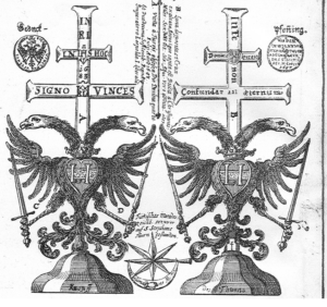 Engraving of cross and eagle, installed on the tower of Saint Stephen, Vienna, in 1686 after the siege of Vienna 1683