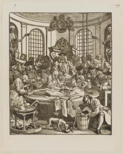 In "The Reward of Cruelty," part of William Hogarth's moral series "The Four Stages of Cruelty," the narrative arc of Tom Nero's descent into criminality culminates in his execution and posthumous dissection—a stark depiction of the era's retributionist justice. This scene serves not only as a commentary on capital punishment's role in preserving order in 18th-century England but also veils a deeper critique of Freemasonry, particularly its initiation rites.